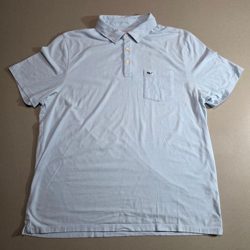 Vineyard Vines Mens XL Light Blue Short Sleeve Pocket Polo Shirt Whale Logo
